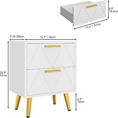 Приліжкові тумбочки YITAHOME (2 шт.) з 2 шухлядами, білі, з золотими ніжками, 40 x 30 x 52 см