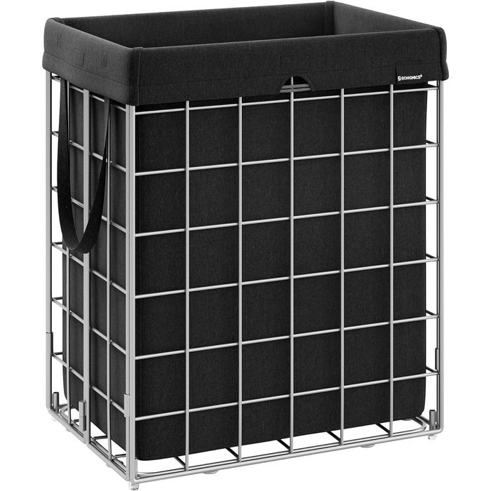 Кошик для білизни SONGMICS 110 л, складний контейнер для білизни, знімний мішок для білизни, який можна прати, металева решітка, для спальні, ванної кімнати, пральні, чорно-сірий LCB111G01 (сріблястий чорний, 90 л (48 x 33 x 58 см))
