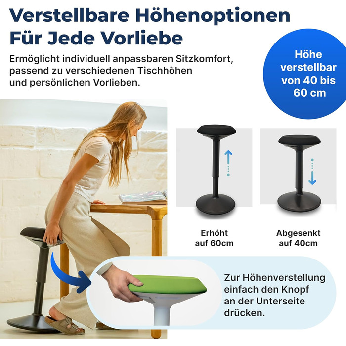 Ергономічний офісний стілець-хокер з регулюванням висоти та ефектом балансування, зелений (40-60 см). Стілець для стоячої роботи, тестувальник якості.