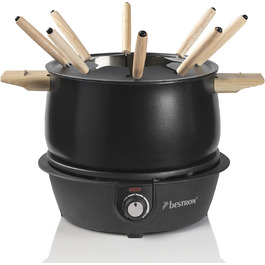 Електричний Фондю-набір Bestron для 8 осіб з 8 виделок, регульований термостат та захист від бризок (Чорний/Дерево)