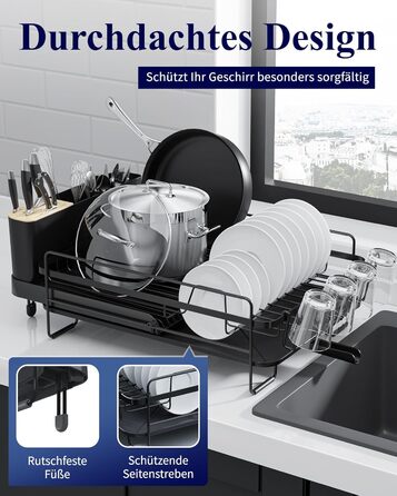 Сушилка для посуду Kitsure, висувна, багатофункціональна, з місцем для столових приборів, 67.8 x 32.7 x 14.9 см, чорна