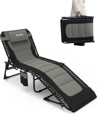 Великий розкладний шезлонг для саду: Outdoor, XXL, 5 положень спинки, до 150 кг, з подушкою та кишенею, 200x68 см, сірий