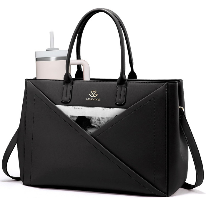 LOVEVOOK Сумка для ноутбука 15.6 дюймів, жіноча, велика, шкіряна, на плечі, для роботи, навчання, офісу, універсальна, чорна