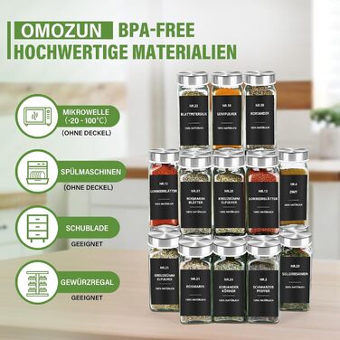 Набір скляних банок для спецій 24 шт. з етикетками: скляні дозатори для спецій 120 мл з ситечком, водостійкі етикетки, органайзер для спецій у шухляду, чорний колір (скло)