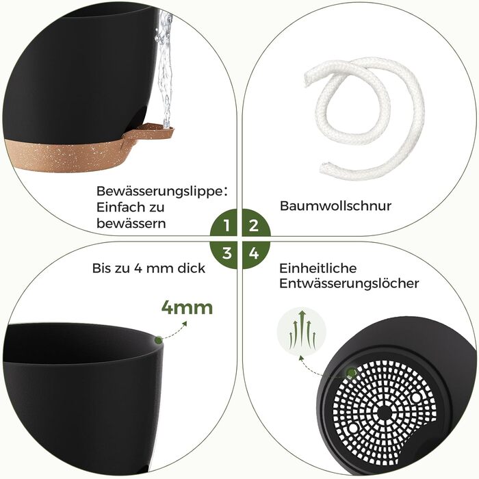 Набір горщиків для квітів Bamworld 6 шт. з автополивом, чорні, різні розміри (12.7-20.3 см), з підставкою, для розсади та кімнатних рослин
