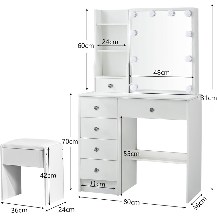 Туалетний столик зі світлом та дзеркалом, з пуфом, 6 шухляд та 6 полиць, 80x36x130 см, PE39
