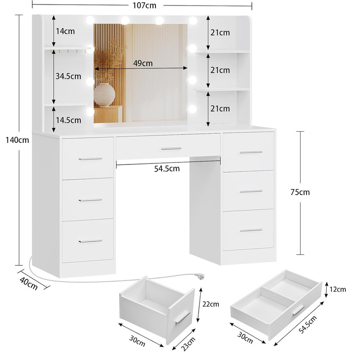 Дзеркальний туалетний столик TEENFON з LED-підсвіткою, 7 ящиками та 4 відкритими полицями, білий