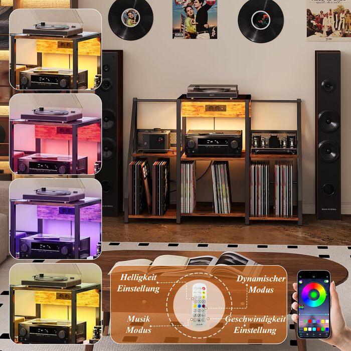 Підставка для програвача вінтаж велика з розеткою та LED-підсвіткою, тримач для платів, полиця для вінілу на 300 альбомів, для вітальні, спальні