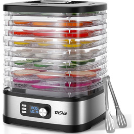 Сушарка для продуктів YASHE 8-ярусна, з регулюванням часу та температури до 72 год, з сітчастими вставками, роликом для фруктів та щипцями з нержавіючої сталі для м'яса, фруктів, овочів, трав, без BPA