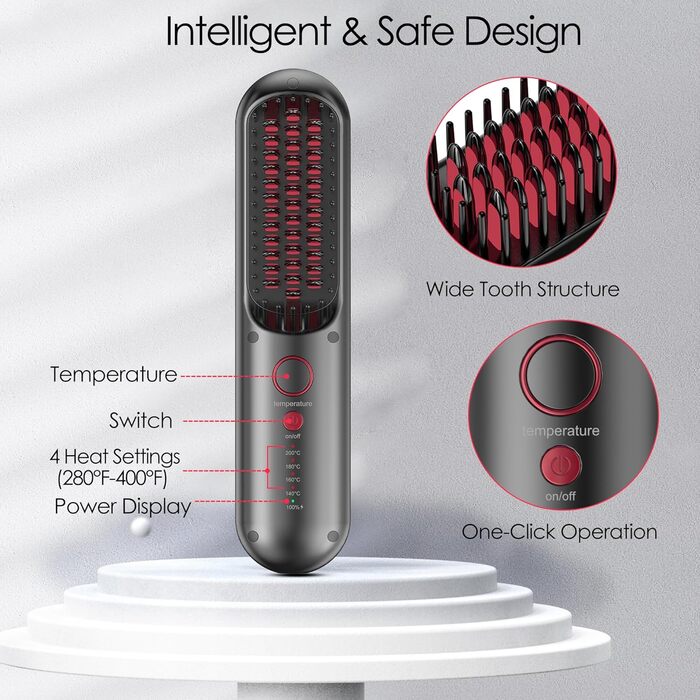 Щітка для випрямлення волосся, Акумуляторна щітка для випрямлення, Міні-щітка для випрямлення, швидке нагрівання, зарядка, 140-200C 4 налаштування температури, Портативна щітка для випрямлення волосся для подорожей для випрямлення тонкого волосся
