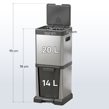 Сміттєвий відер з педаллю та розділенням 20+14 л, нержавіюча сталь, з кришкою та вийманими внутрішніми контейнерами, 32,5 x 31,5 x 78 см, сріблястий