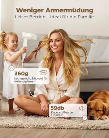 Іонний фен для волосся з дифузором, швидке сушіння 150 000 об/хв, 500 млн негативних іонів, 8 температурних режимів з LED-дисплеєм, для кучерявого та густого волосся, бежевий