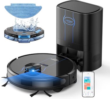 Робот-пилосос Laresar Clean з функцією миття підлоги, станція самоочищення L6 Nex, навігація LiDAR, 3л контейнер, до 180 хв роботи, 3-в-1 (прибирання, миття, пилосос), для видалення шерсті тварин, чорний