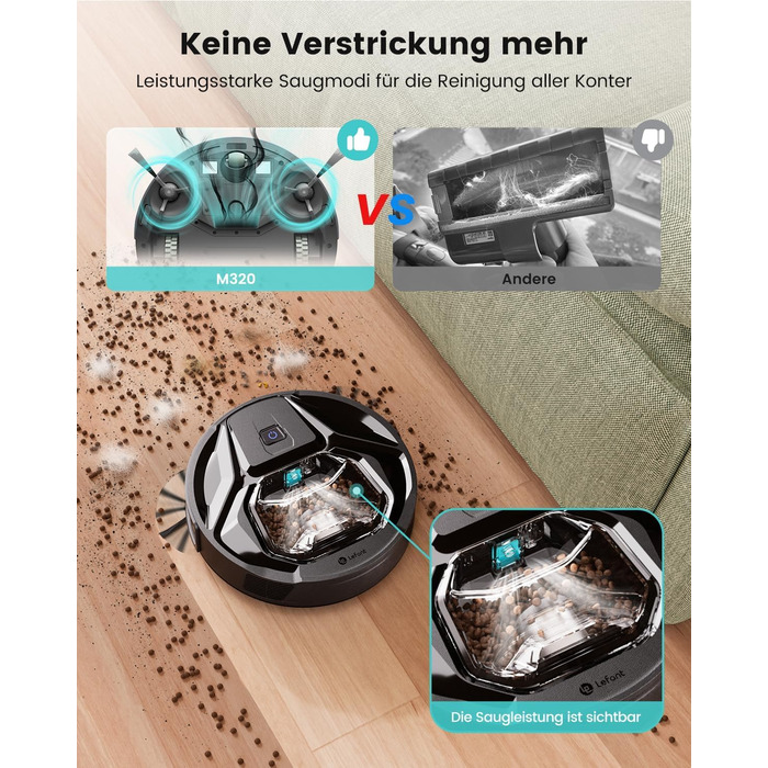 Робот-пилосос LEFANT M320 з вологою, 6000Pa, ущільнення, App/Alexa, чорний