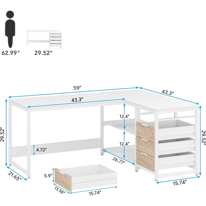 Кутовий стіл Tribesigns L-подібний з 4 висувними ящиками, 2 полицями, для офісу, кабінету, вітальні, 150x110x75 см (горіх & білий)