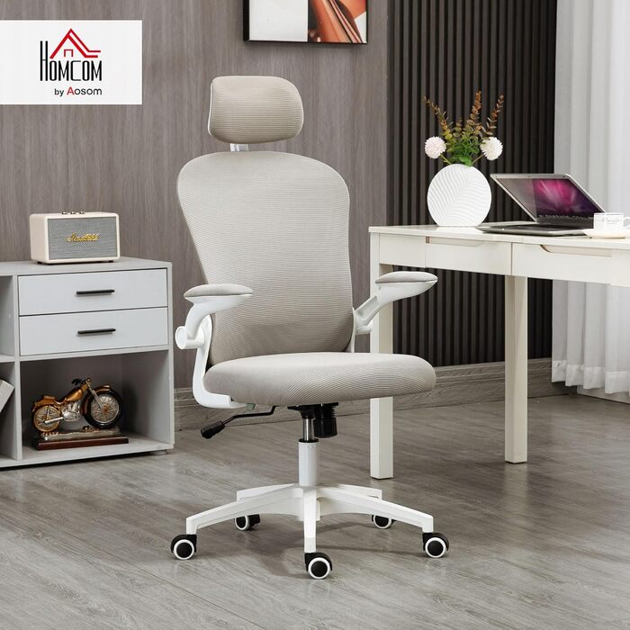 Офісне крісло Vinsetto з високою спинкою, сітчаста тканина, комп'ютерне крісло з обертовою підголівником, 4D поперекова підтримка, відкидні підлокітники, регульована висота, Білий (Сірий)