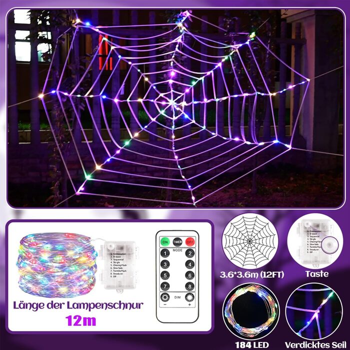 Світлодіодні ліхтарі Halloween Spider Web String, 3,6 м, з дистанційним керуванням (фіолетовийпомаранчевий), 184