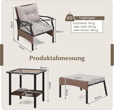 Садовий набір меблів COSTWAY з ротангу, 5 предметів: 2 крісла з подушками, пуф та стіл. Меблі для балкона, тераси, саду, коричнево-сірий колір