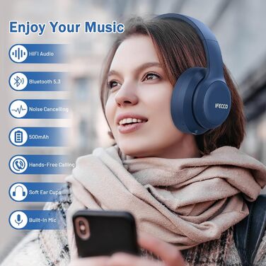 Накладні навушники IFECCO Bluetooth - бездротові, мікрофонні, складні, HiFi стерео (прусський синій)