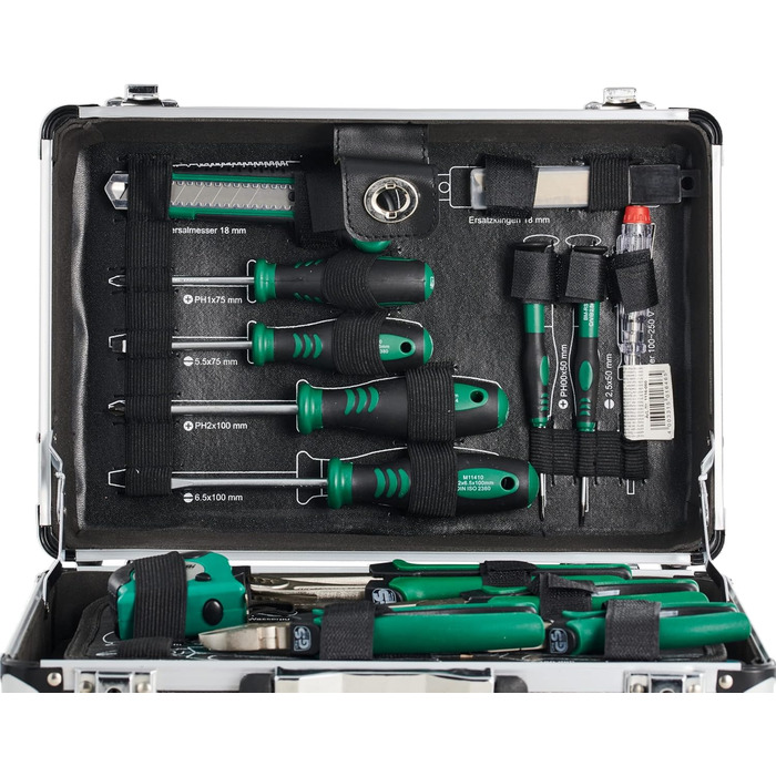 Набір інструментів Brüder Mannesmann 90 предметів в алюмінієвому кейсі M29067: плоскогубці, викрутки, тріскачка, тестер напруги