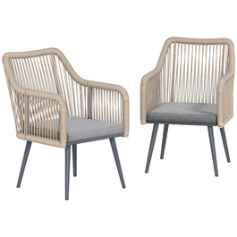 Набір із двох садово-патіо стільців, стійких до погодних умов. Зручні садові стільці з підлокітниками та подушками для сидіння, міцний металевий каркас, витримують до 120 кг. Колір: світло-сірий.