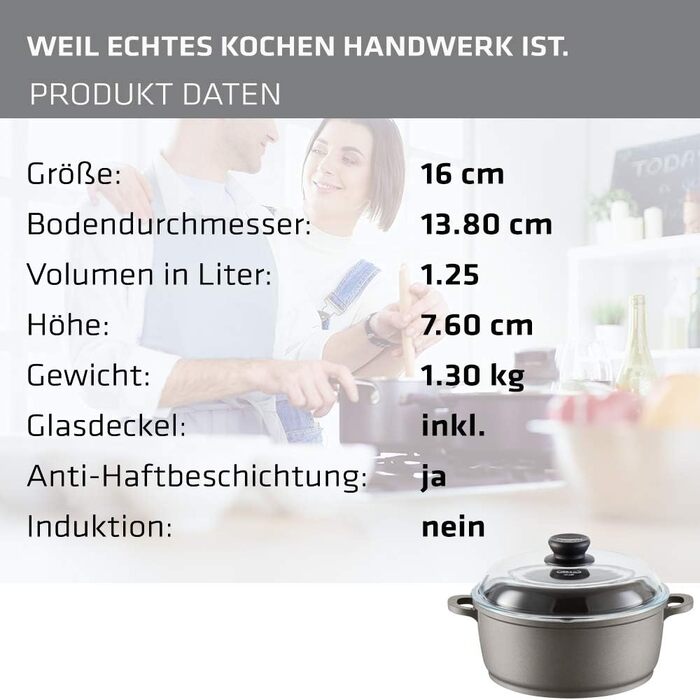 Каструля Berndes Bonanza з кришкою з термостійкого скла, силіконовими ручками, антипригарним покриттям, 2.3 л, чорна (16 см, Classics)