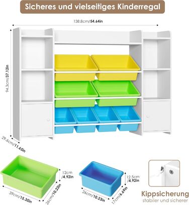 FOREHILL Дитяча полиця з 8 ящиками, дитячий шафа, книжкова полиця для дітей, органайзер для іграшок, меблі для дитячої кімнати, 138,8 x 94,3 x 29,6 см, білий (білий з зеленим)