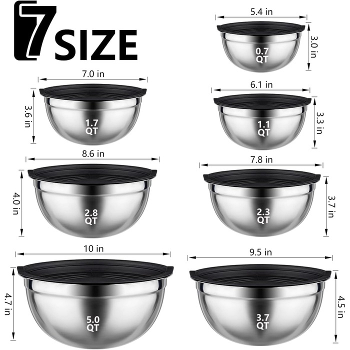 Набір місок для перемішування з кришками, 26 предметів: міски, чаші з нержавіючої сталі для випічки, змішування, подачі та приготування їжі. Об'єми: 5, 3.7, 2.8, 2.3, 1.7, 1.1, 0.7 л + 12 кухонних аксесуарів