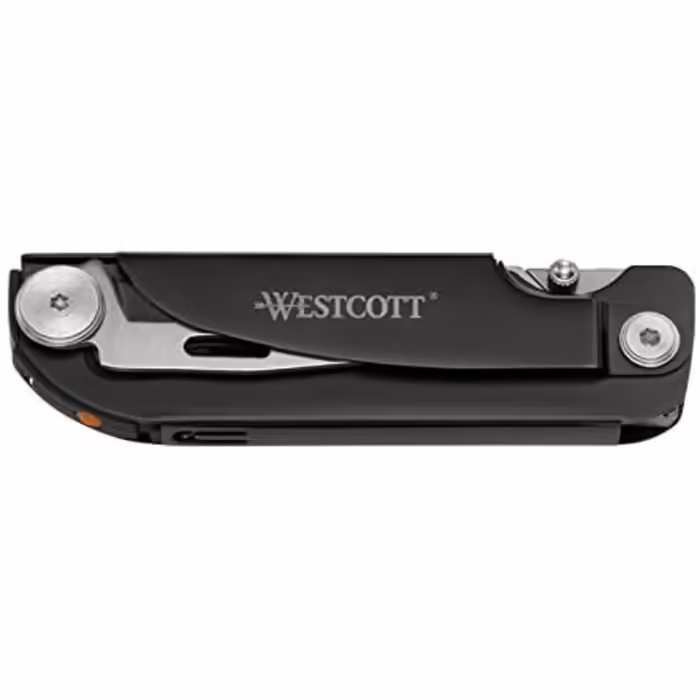 Westcott E-84034 Багатофункціональний ніж-мультитул з лезом Drop-Point 7,5 см, складаною пилкою 7,5 см, викруткою, LED-ліхтариком, лінійкою, металевою ручкою, чорний, 19 см