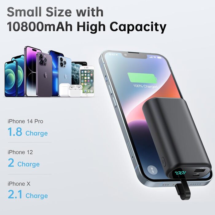 Виходи, LED дисплей, сумісний з iPhone 14/13/12/11 (чорний), 10800mAh, PD 15W, 3