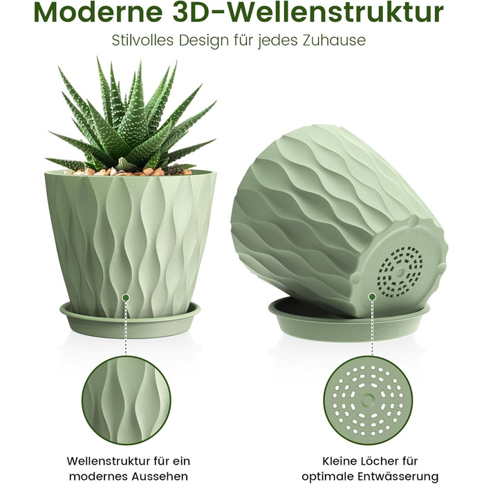 Набір горщиків для квітів 5 шт. об'ємом 20 см, пластикові горщики Dick з підставкою та дренажними отворами, горщик-пересадочний з 3D-фактурою для монстери, герані та кімнатних рослин (зелений, Ø 10,2 см, 5 шт.)