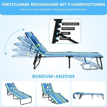 Лежак для відпочинку COSTWAY з отвором для обличчя, розкладний садовий лежак з 3 знімними подушками та 5-рівневим регулюванням спинки, лежак для пляжу, саду та басейну (Блакитно-зелений, 1 шт.)