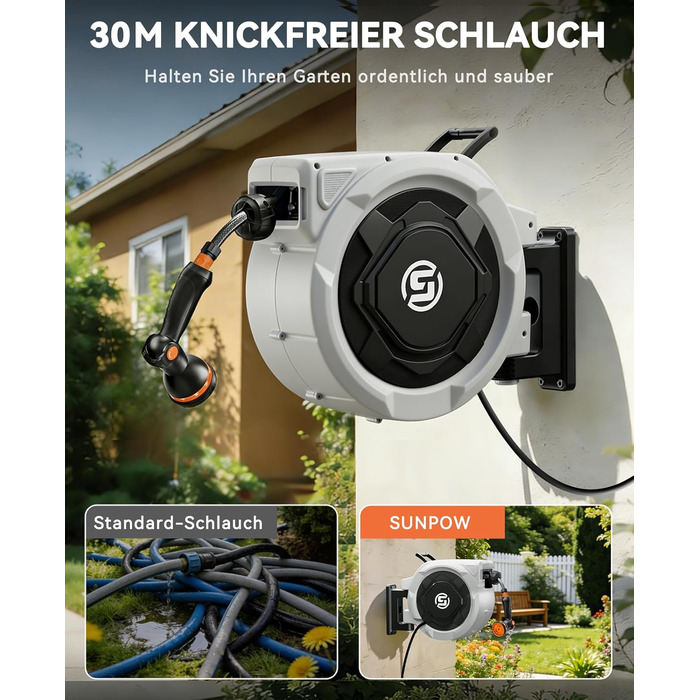 Шланговий барабан SUNPOW настінний 30м для саду, тераси та двору. Автоматичний намотувач шланга 16 мм з фіксацією, поворотна стійка 180°, 10-функціональна насадка для поливу.