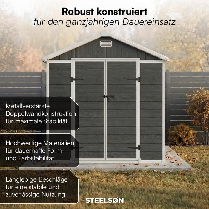Сарай для інструментів STEELSØN Novara 192x92x151 см, пластиковий, з вікном, під дерево, темно-сірий - садовий будиночок, вологостійкий