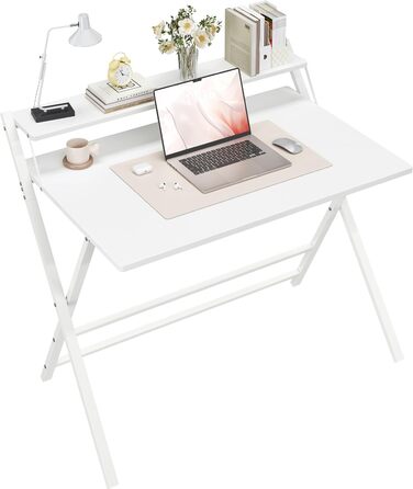Зламуваний стіл Yaheetech 80 см, комп'ютерний стіл з полицею, двоступеневий робочий стіл з підставкою для монітора, стіл для ноутбука для домашнього офісу/маленьких кімнат/вітальні, білий, 80 см x 50 см, білий, 106.5x60.5x90 см
