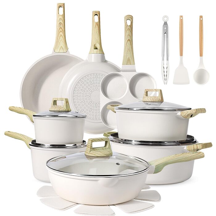 Набір посуду GipP 22 шт. з керамічним покриттям, антипригарний, для миття в посудомийній машині, без PFAS, білий