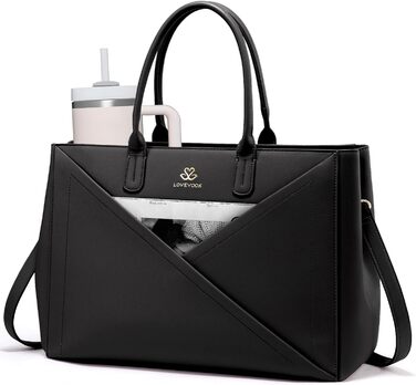 LOVEVOOK Сумка для ноутбука 15.6 дюймів, жіноча, велика, шкіряна, на плечі, для роботи, навчання, офісу, універсальна, чорна