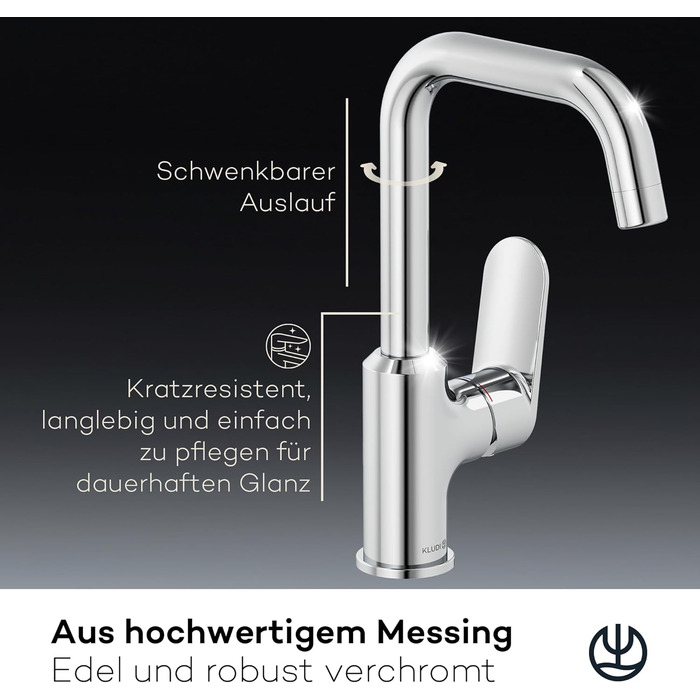 Змішувач для умивальника KLUDI-X1 з витяжним корком, поворотний на 360°, висота виливу 205 мм, водозберігаючий, розмір L, з підключувальними шлангами (без зливної арматури, хром)