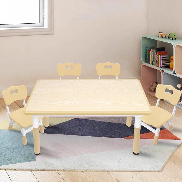 Дитячий стіл з 4 стільцями AufuN, регульована висота, набір для дитячої кімнати, садка, класів, легко миється, пластикові меблі, коричневий