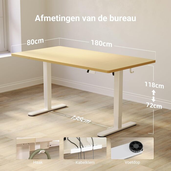 Регульований стіл Claiks з підняттям, 80 кг, 3 пам'ять, для дому/офісу, білий (180 x 80 см, бежевий)