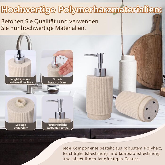 Набір для ванної кімнати 6 предметів: дозатор для мила, стаканчик для зубної щітки з підносом та коробочка для ватних паличок – смугастий дизайн, високоякісна смола (бежевий)