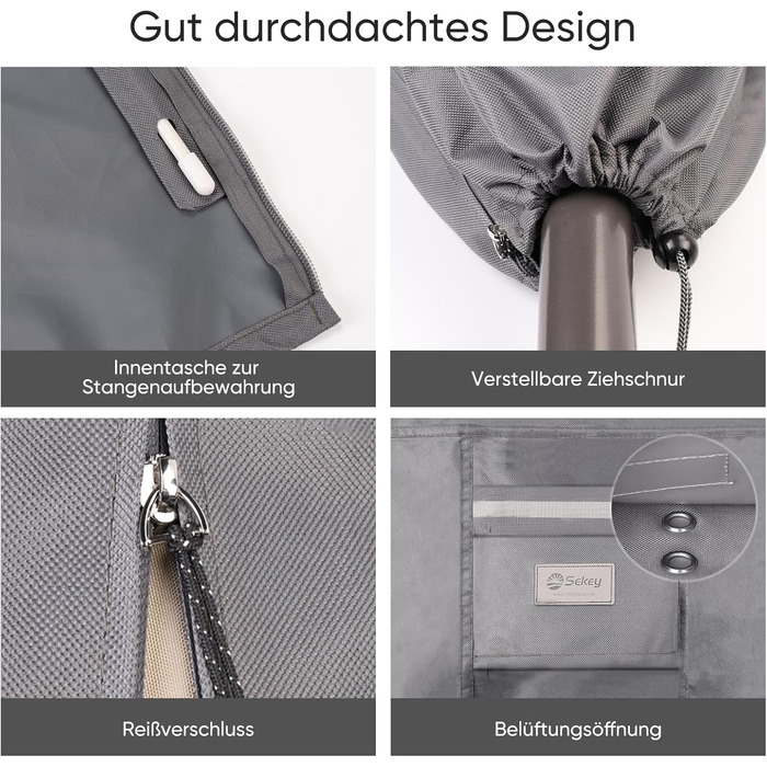 Захисний чохол для парасольки від сонця, сірий (220 x 30/50 см)