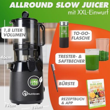 Entsafter Nutrilovers NUTRI-PRESS MAX: холодний віджим, велика завантажувальна горловина 135 мм, без BPA, з рецептами, чорний