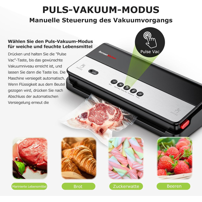 Вакууматор Bonsenkitchen для сухих та вологих продуктів з вбудованим різаком, чорний (в комплекті рулон та 5 пакетів)