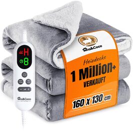 Електрична ковдра Mia&Coco з автовимкненням 160x130 см, 10 рівнів нагріву, таймер 9 год, захист від перегріву, пральна машина, фланелева ковдра для ліжка, дивана та вітальні, сіра, 130x160 см