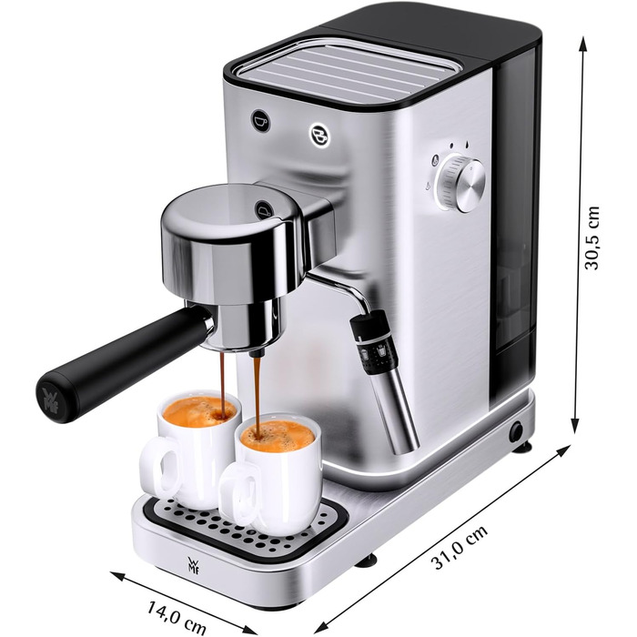 Еспресо-машина WMF Lumero: 1400 Вт, 15 bar, з капучинатором, для 1-2 чашок, з фільтрами, з нержавіючої сталі, матова