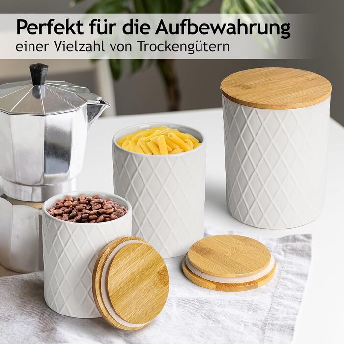 Набір з 3 вазок для зберігання Miamio Palmanova, кераміка з дерев'яним кришкою, білий колір