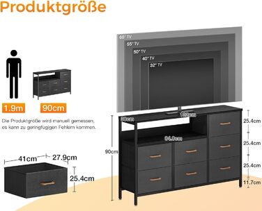 Комод Coleshome з висувними ящиками, світлодіодною підсвіткою, 2 USB та 2 розетки AC, 7 тканинних ящики, для спальні/вітальні, 132*30*89 см, чорний