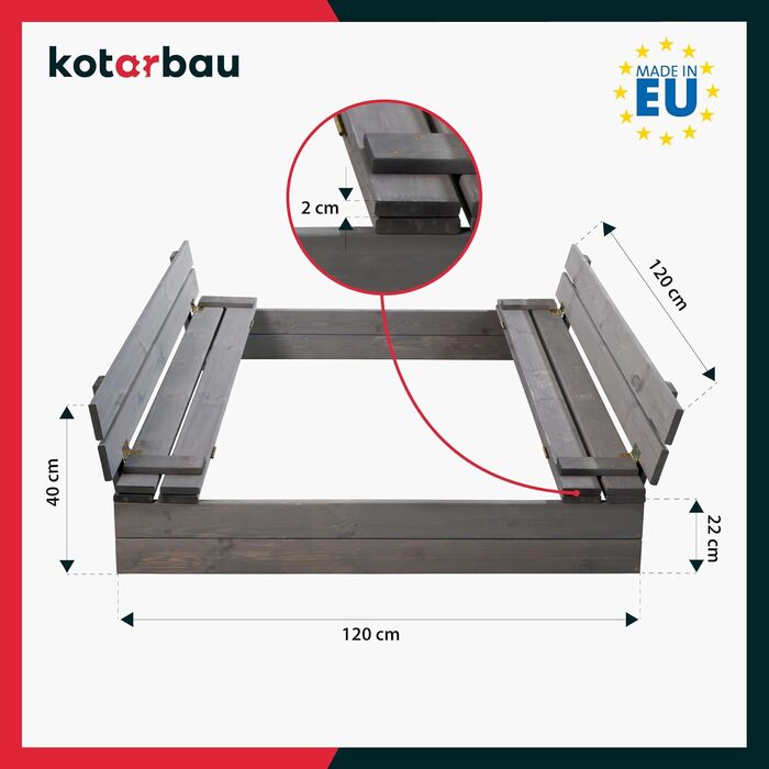 Пісочниця KOTARBAU® з кришкою, 120x120 см, дерево, сіра, з лавками