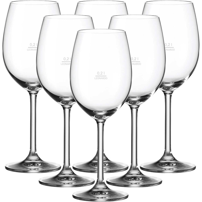 Келихи для червоного вина LEONARDO HOME Puccini Gastro-Edition, калібровані келихи для вина 0,2 л - калібрування та 0,1 л - Guide, наповнення повним обідком 750 мл, стандартизовані келихи для готелів та гастрономії, He Set (6, келих для білого вина щодня 